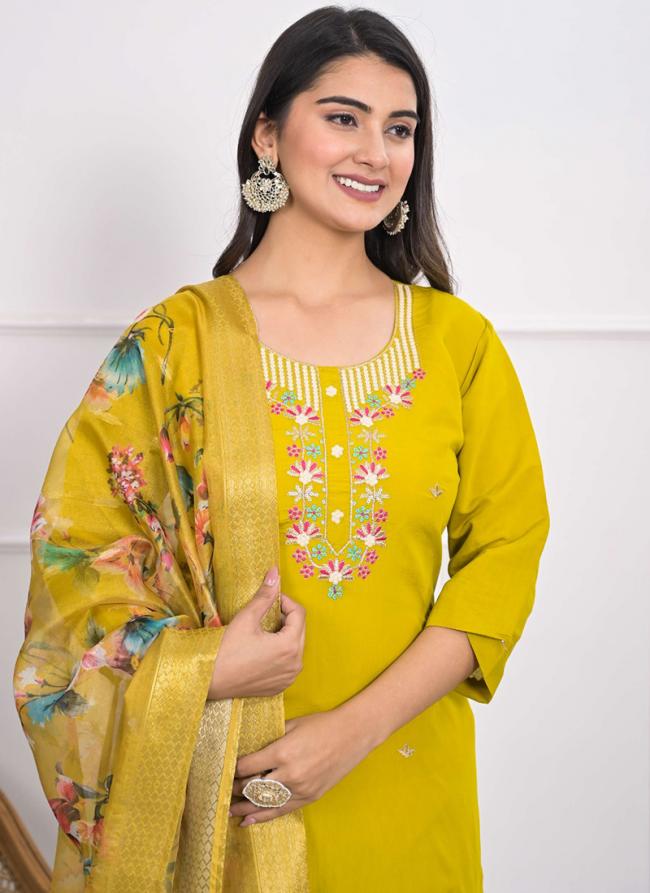 Viscose Silk Yellow Festival Wear Embroidery Work Readymade Kurti Set